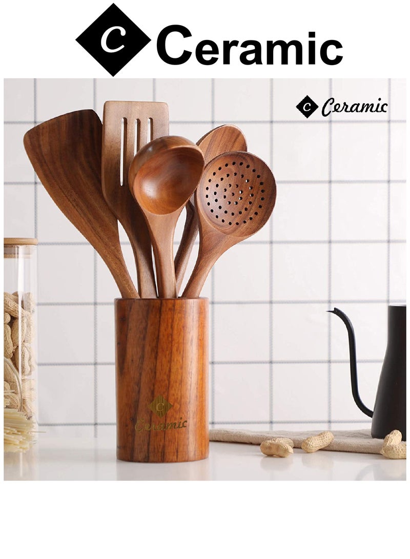 CERAMIC Wooden Kitchen Cooking Utensils 6 PCS Teak Wooden Spoons and Spatula for Cooking Sleek and Non-stick Cookware - Image 4